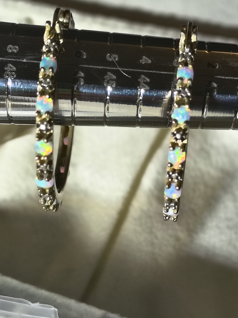 Gold Over Sterling Silver Ethiopian Welo Opal & Diamond Hoop Earrings 1.25"